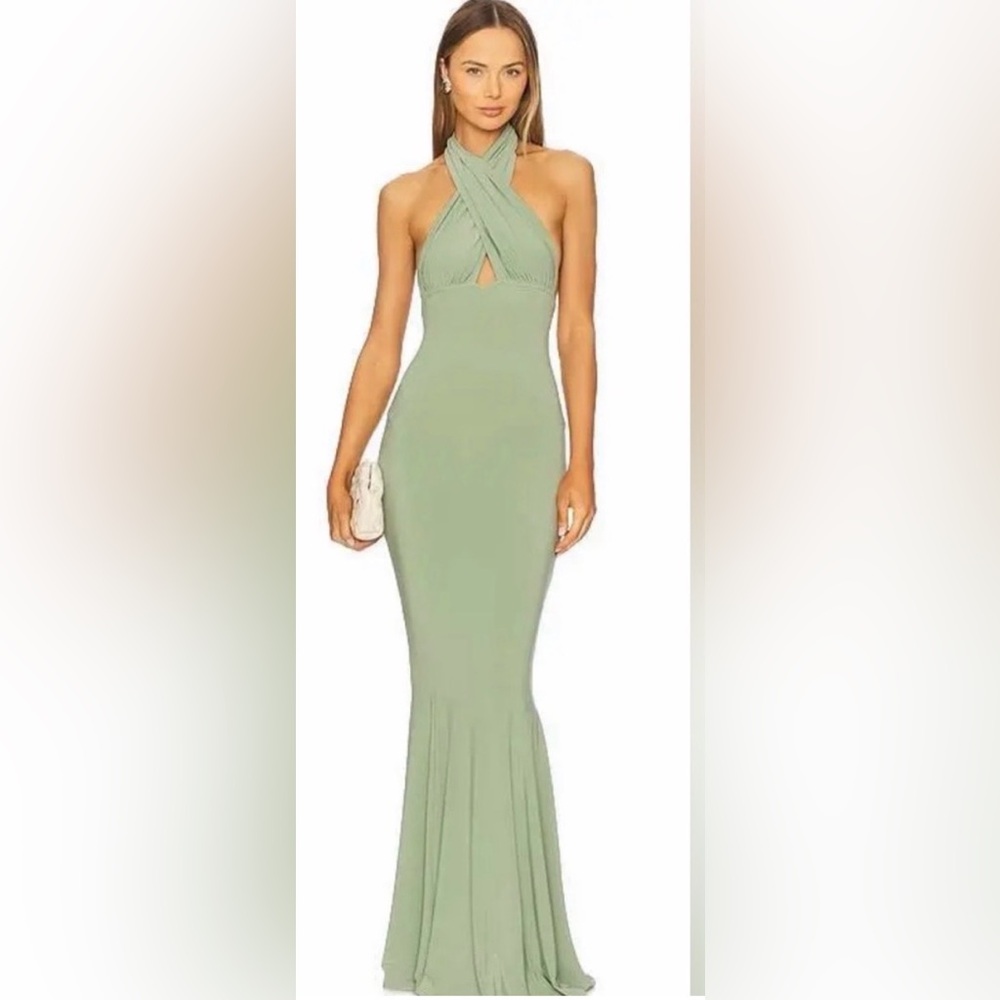 Stunning sage green halter top fishtail dress.